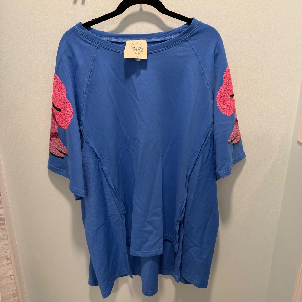Fantastic Fawn Sequin Cowboy Boot T-Shirt Dress L Blue Pink Fringe Western